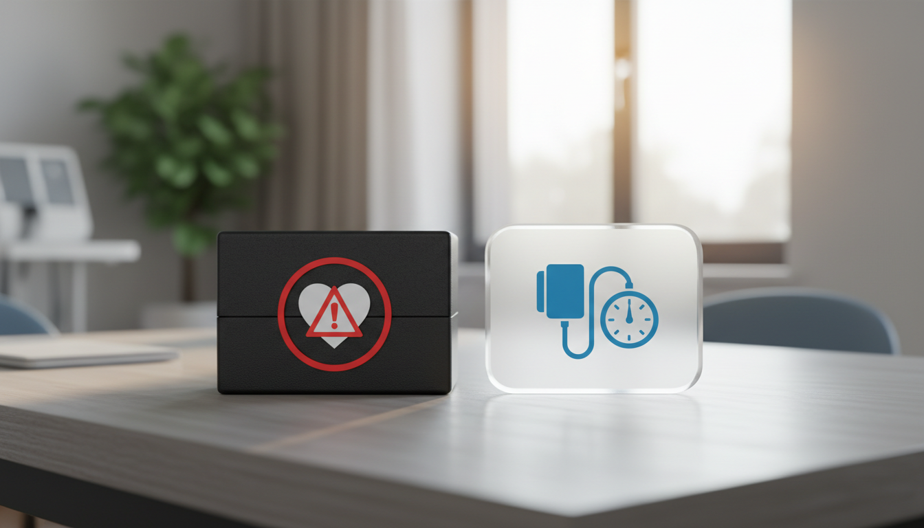 A simple graphic comparing the old FDA black box warning label for TRT, which shows a heart with a warning symbol, next to the new 2026 label which shows a blood pressure cuff symbol, illustrating the shift in focus from heart attack risk to blood pressure monitoring.